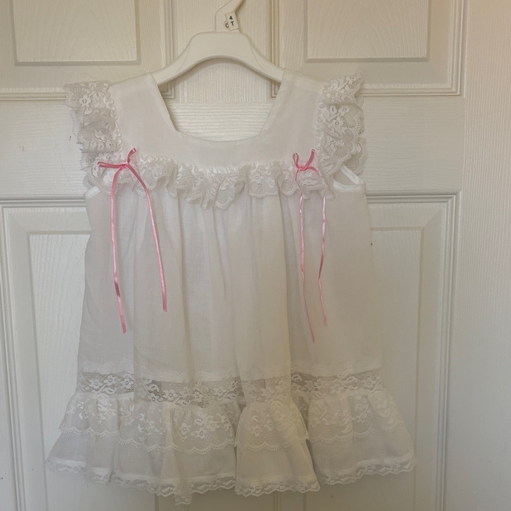 White Lace Baby Dress with Pink Ribbon Accents